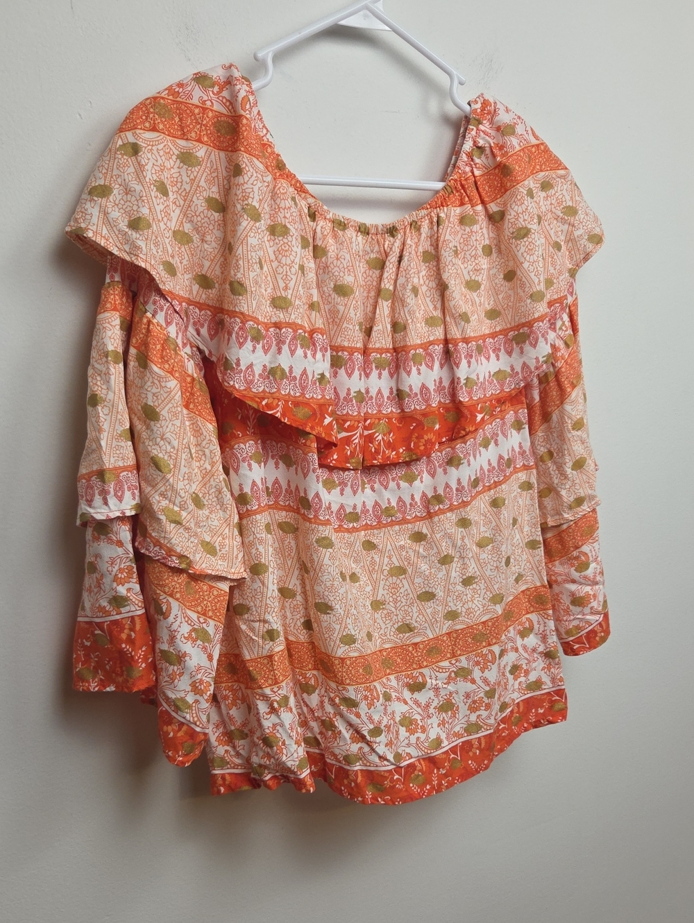 Boho Floral Paisley Off Shoulder Ruffle Blouse Coral Orange Peasant Top Medium - Picture 3 of 10